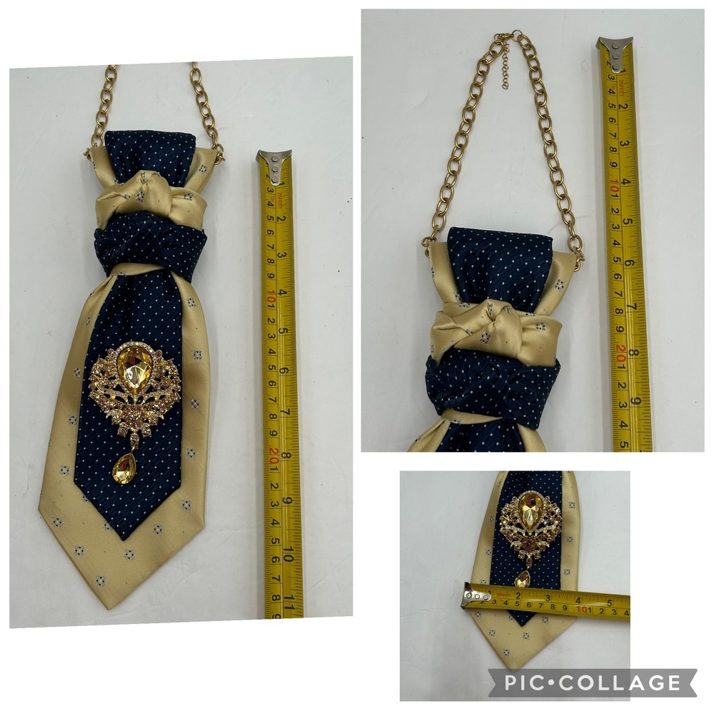 Upcycled Silk Tie Statement Necklace & Lapel Pin Set Navy Gold Izod Perry Ellis - Picture 6 of 10